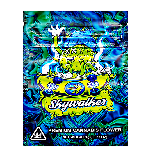 Mylar Bag Cannabis packaging with colorful design and 'Skywalker' branding on a white background