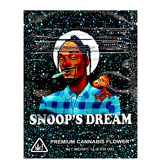 Mylar Bag Cannabis packaging with a person and dog illustration labeled 'Snoop's Dream' on a dark background.