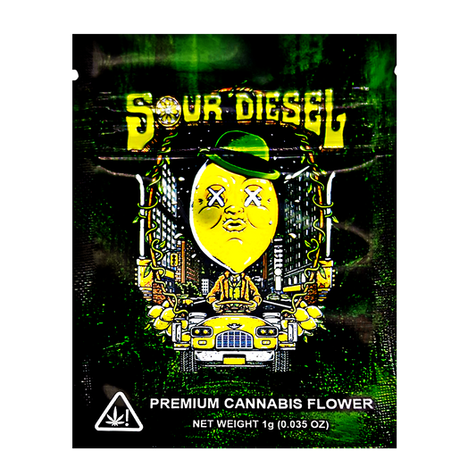 Mylar Bag Sour Diesel premium cannabis flower packaging with a lemon graphic and green text on a black background.