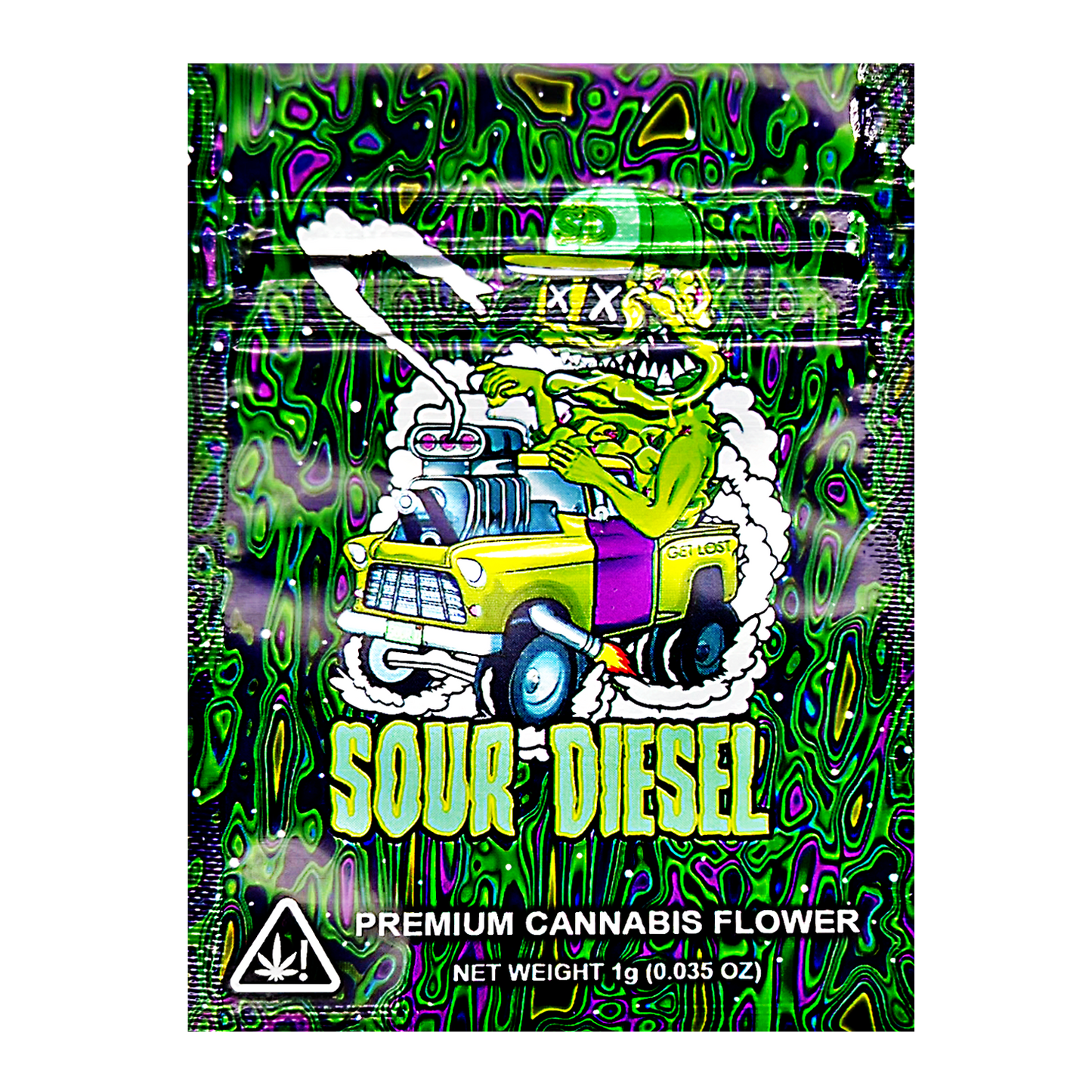Mylar Bag Sour Diesel premium cannabis flower packaging with a colorful design and cartoon truck illustration.
