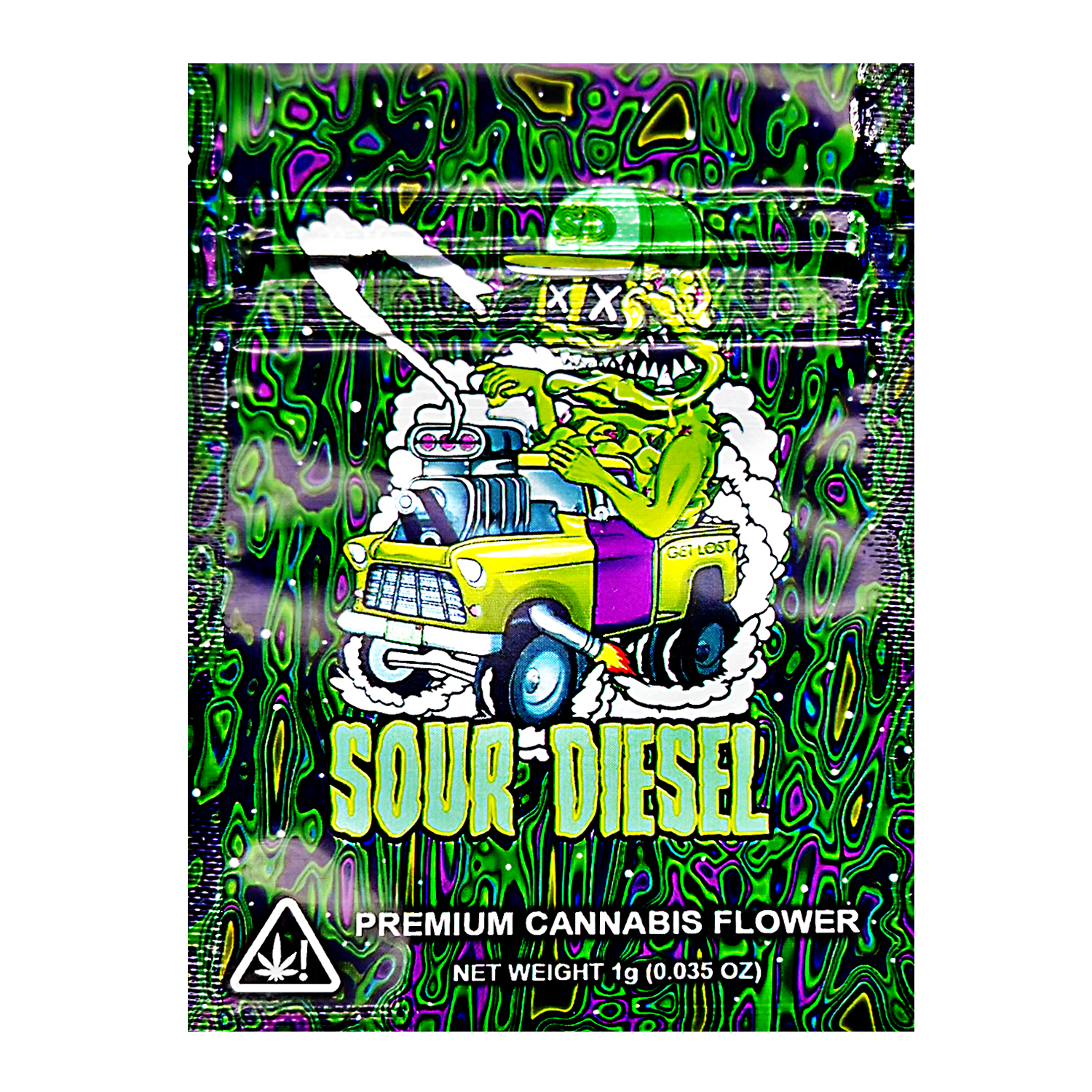 Mylar Bag Sour Diesel premium cannabis flower packaging with a colorful design and cartoon truck illustration.