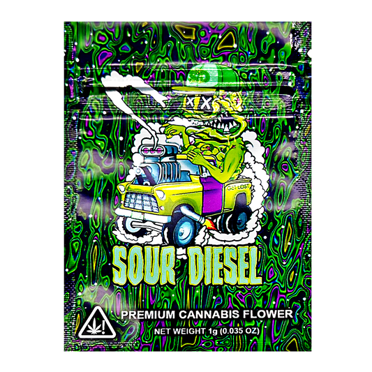 Mylar Bag Sour Diesel premium cannabis flower packaging with a colorful design and cartoon truck illustration.