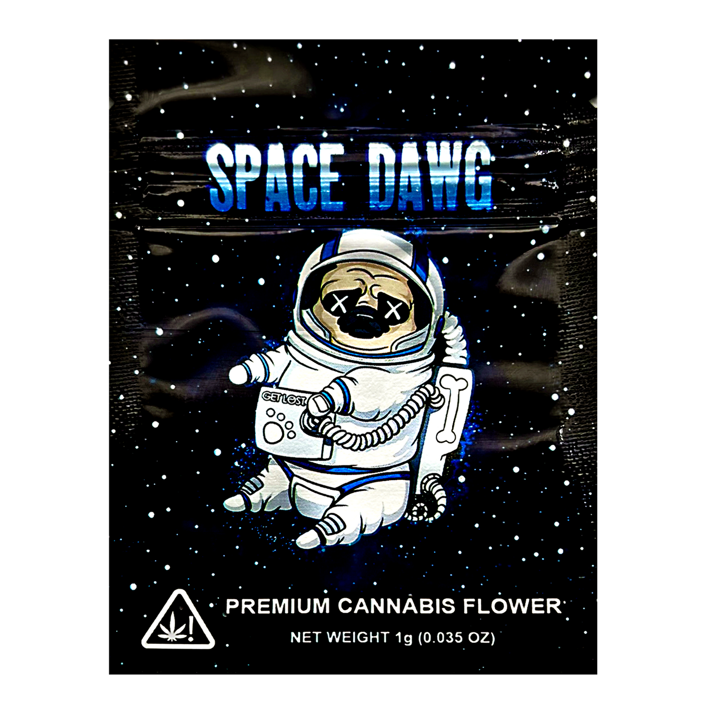Mylar Bag Space Dawg premium cannabis flower packaging with an astronaut illustration against a starry space background.