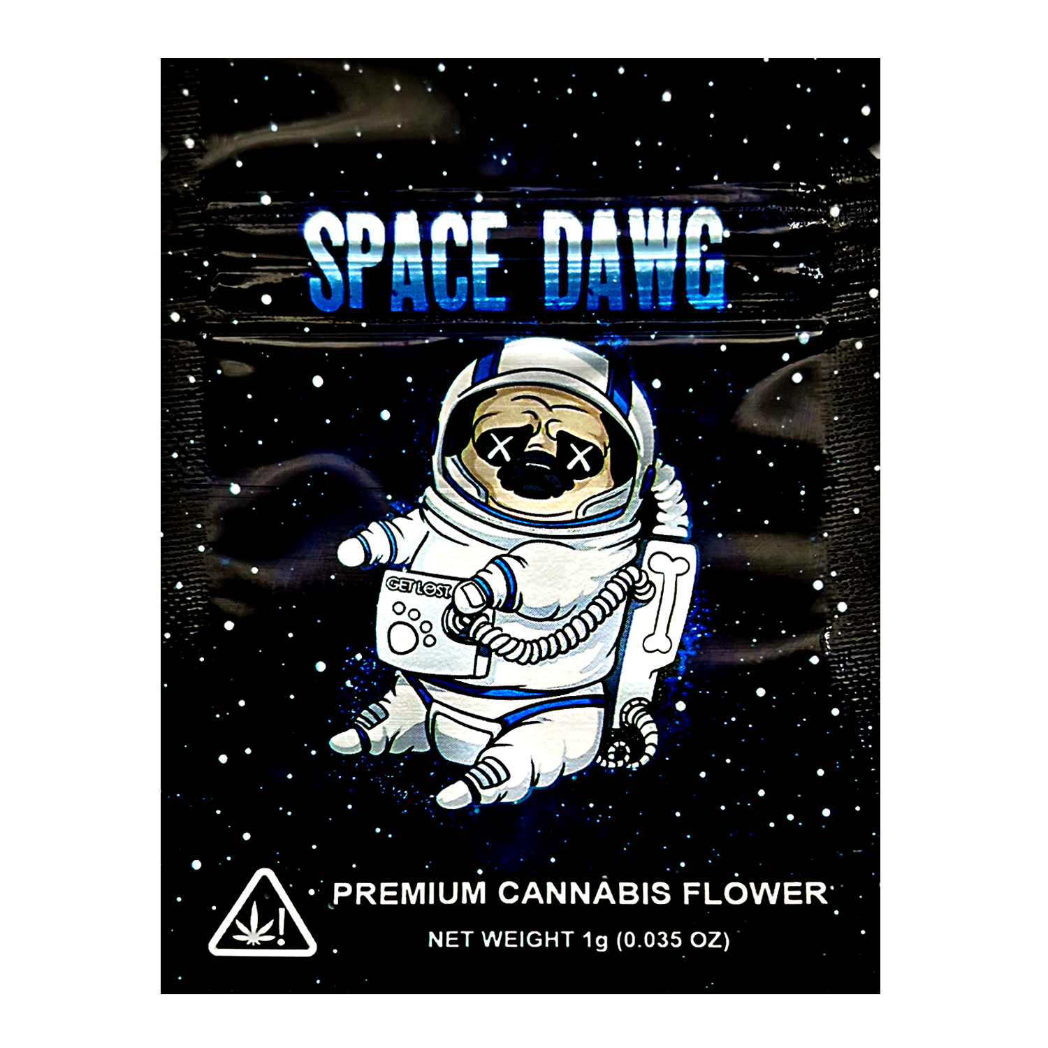 Mylar Bag Space Dawg premium cannabis flower packaging with an astronaut illustration against a starry space background.