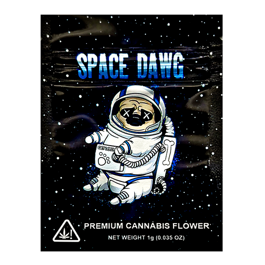 Mylar Bag Space Dawg premium cannabis flower packaging with an astronaut illustration against a starry space background.