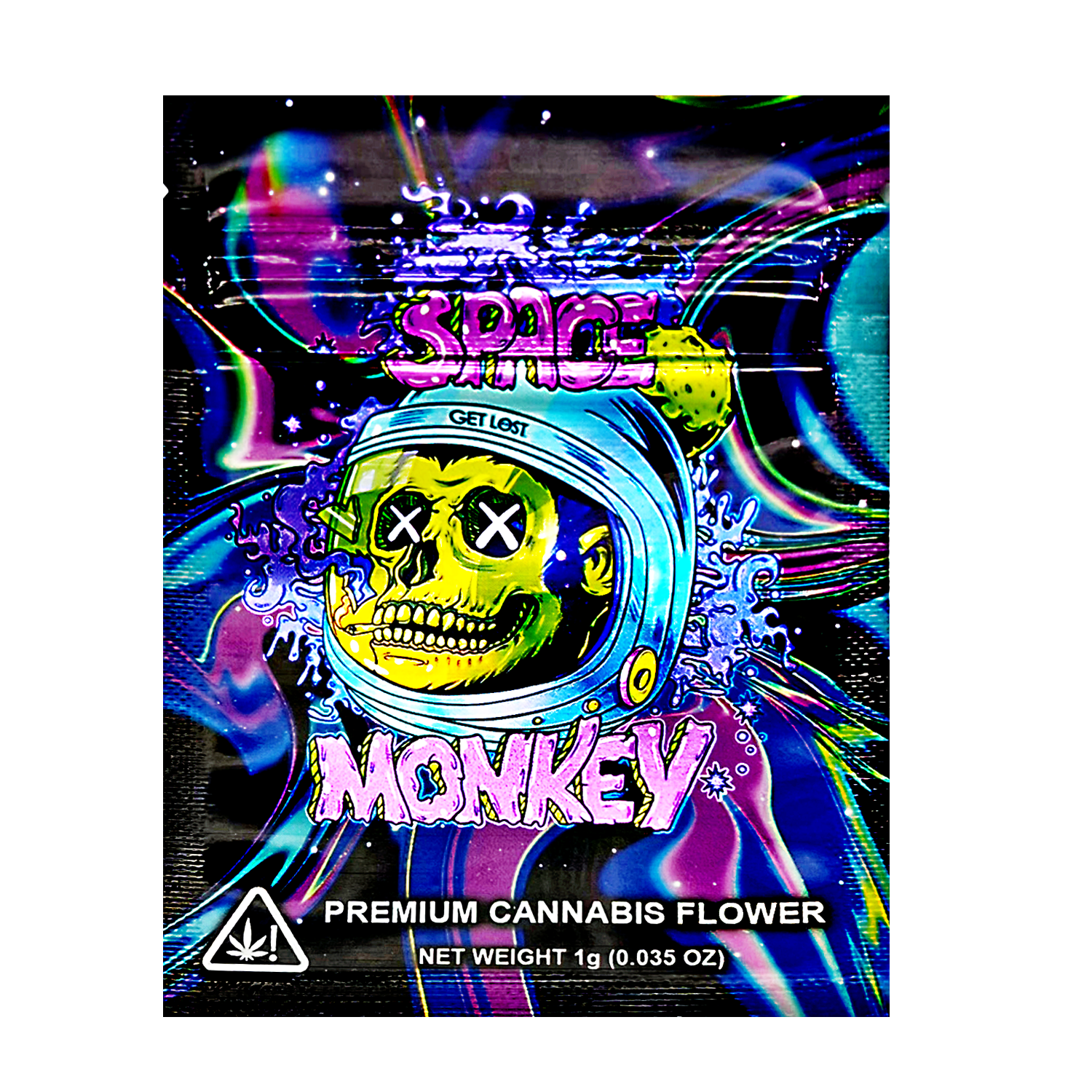 Mylar Bag Colorful packaging of 'Space Monkey' premium cannabis flower with a space-themed design.