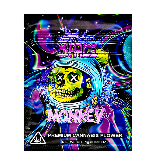 Mylar Bag Colorful packaging of 'Space Monkey' premium cannabis flower with a space-themed design.