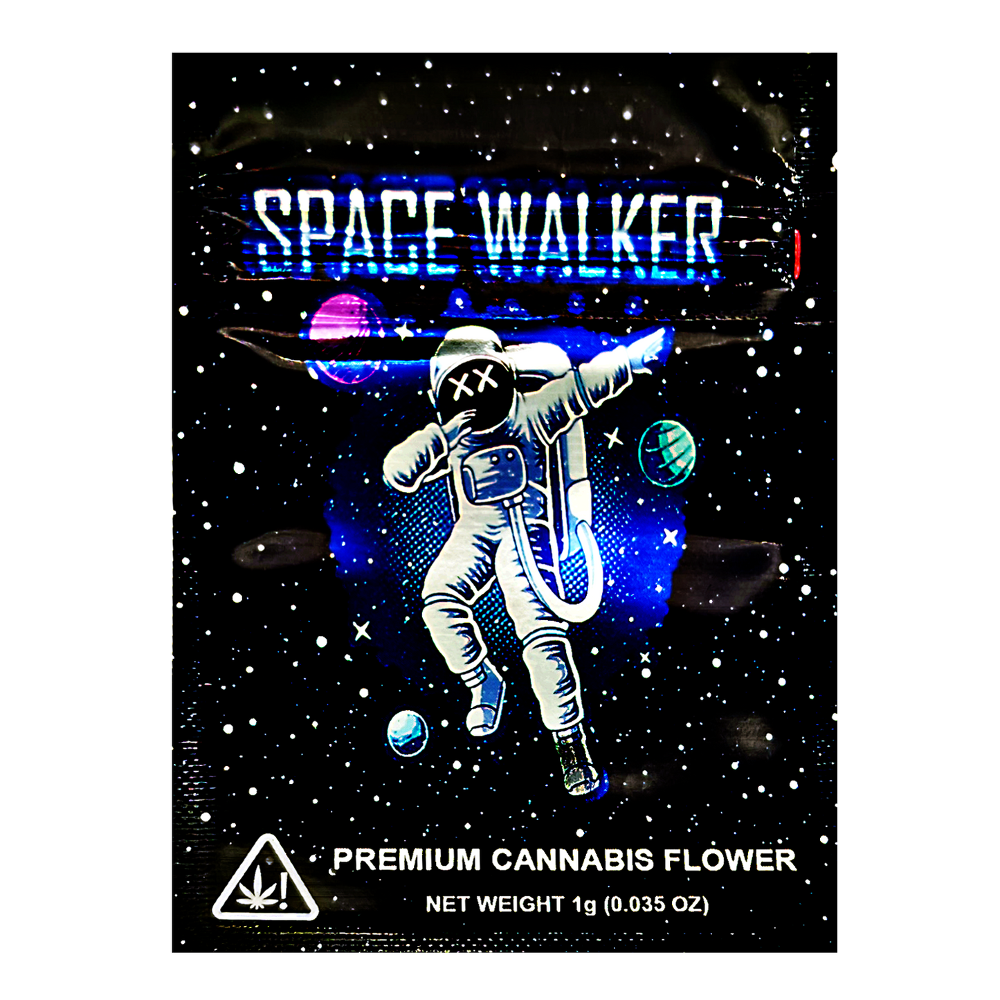 Mylar Bag Space Walker premium cannabis flower packaging with an astronaut design against a space-themed background.