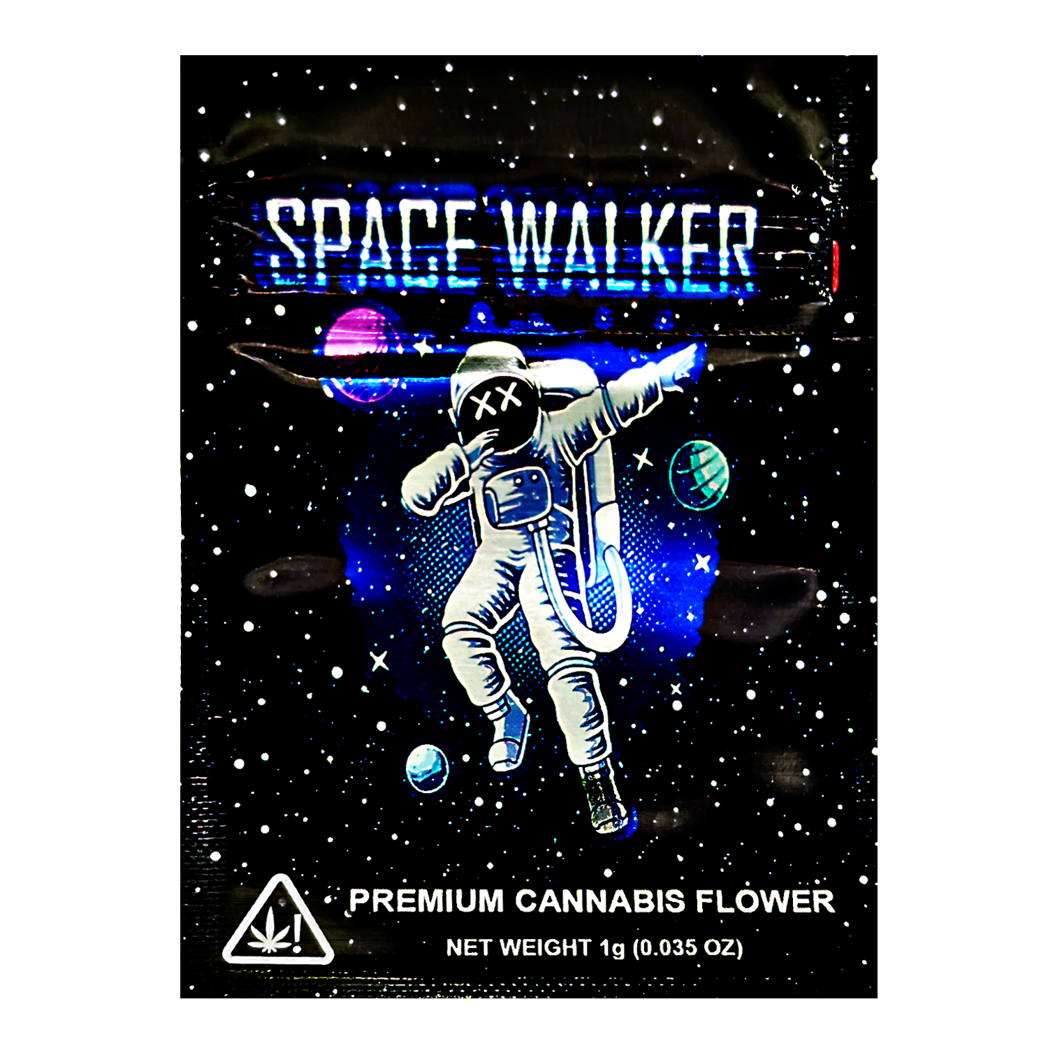 Mylar Bag Space Walker premium cannabis flower packaging with an astronaut design against a space-themed background.