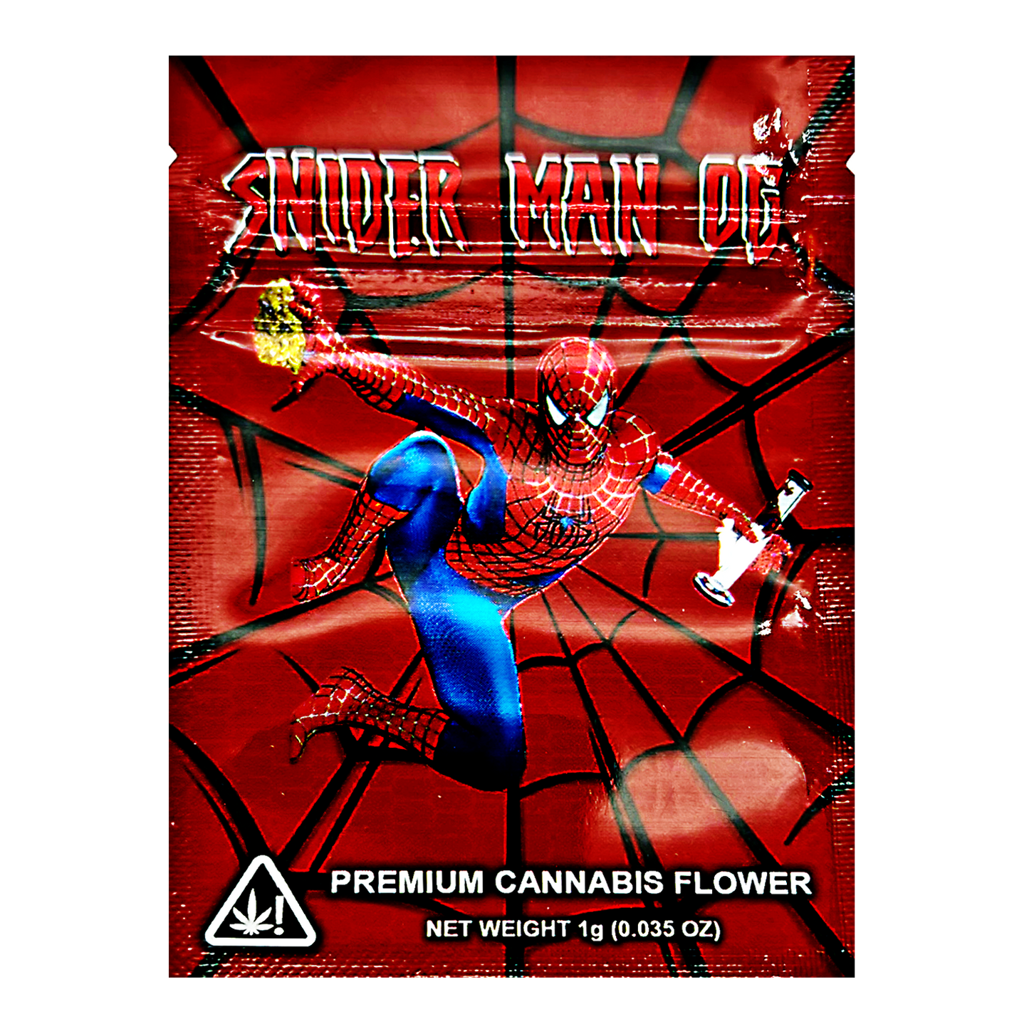 Mylar Bag Cannabis packaging with Spider-Man design on a red background