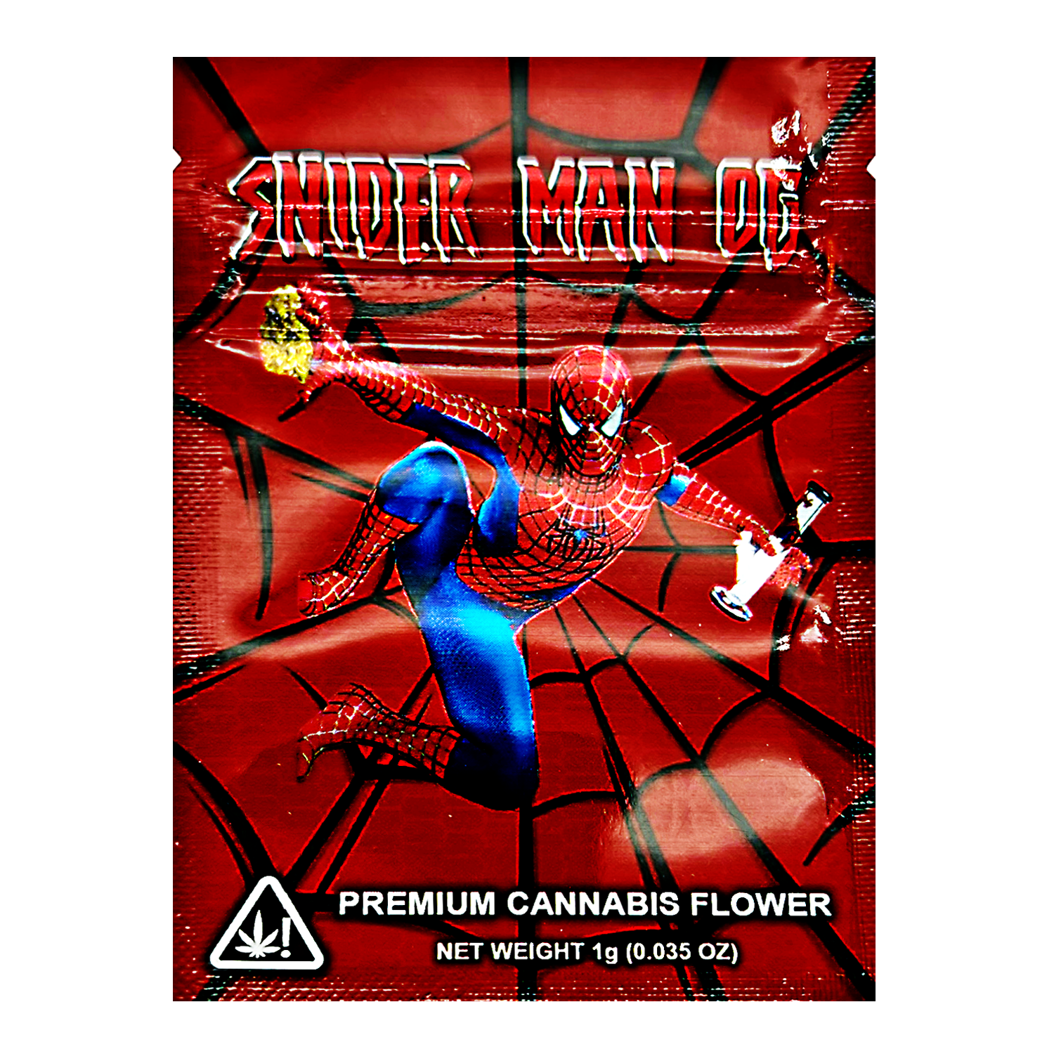 Mylar Bag Cannabis packaging with Spider-Man design on a red background