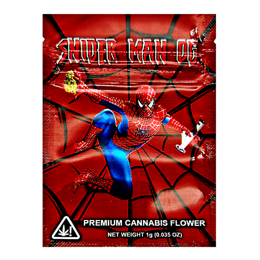 Mylar Bag Cannabis packaging with Spider-Man design on a red background