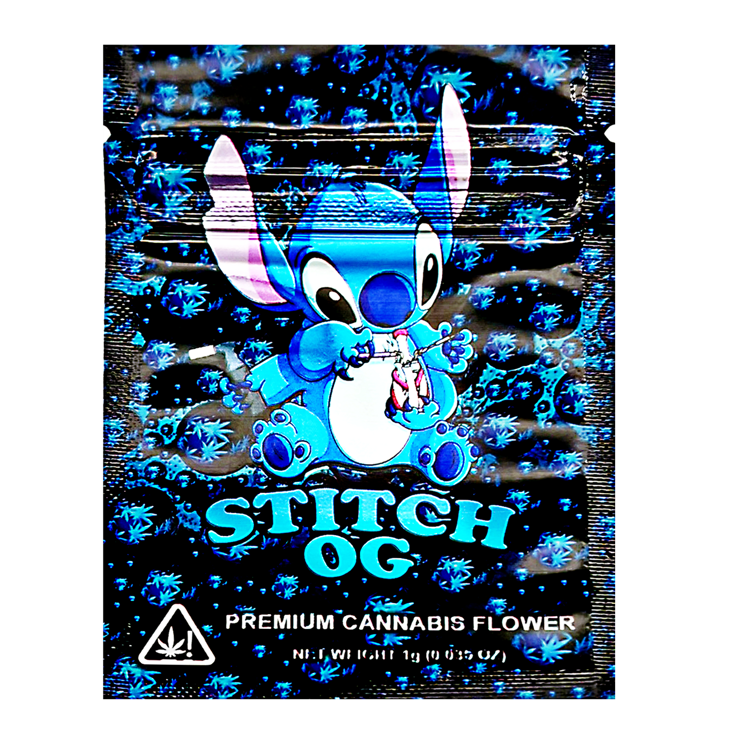 Mylar Bag Cannabis packaging with a cartoon character on a blue and black background
