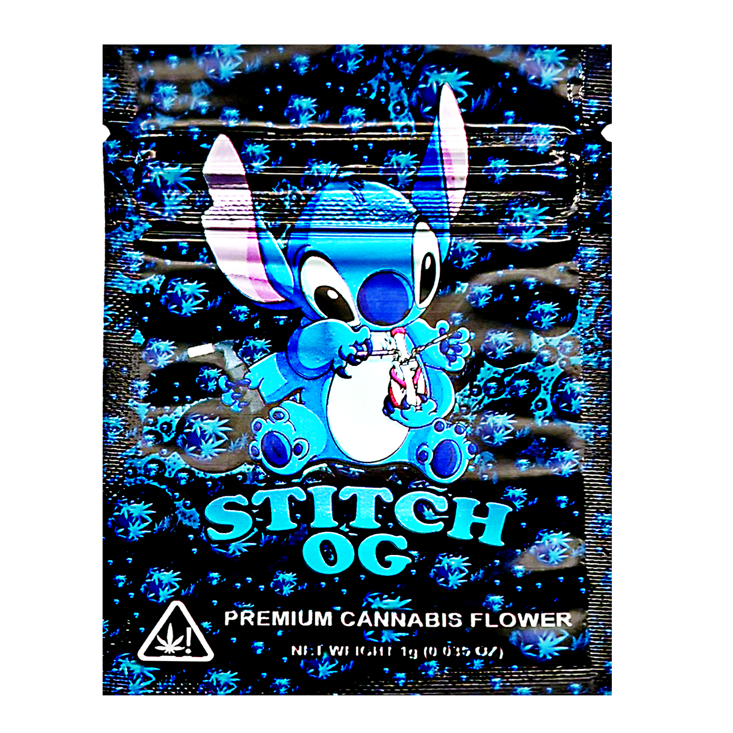 Mylar Bag Cannabis packaging with a cartoon character on a blue and black background