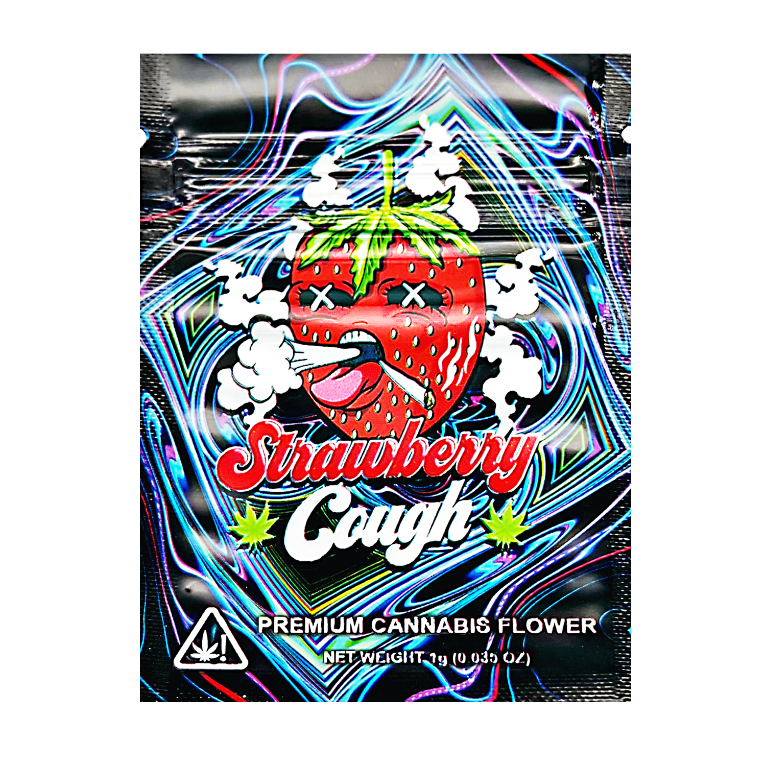 Mylar Bag Strawberry Cough cannabis flower packaging with colorful design and strawberry illustration.