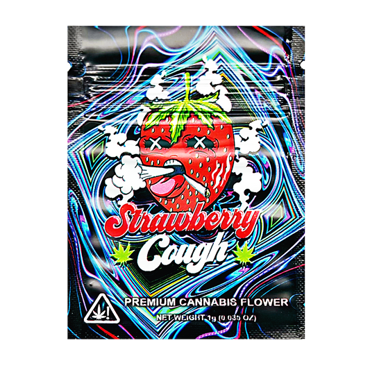 Mylar Bag Strawberry Cough cannabis flower packaging with colorful design and strawberry illustration.