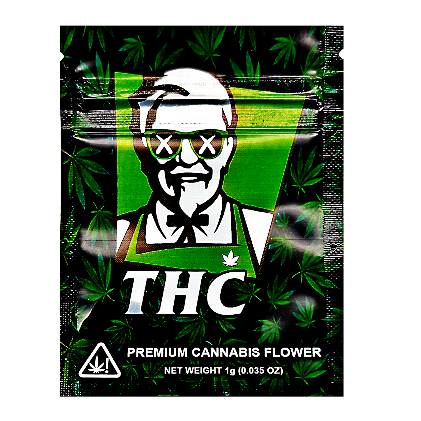 Mylar Bag Cannabis packaging with a stylized face and 'THC' branding on a green leafy background.