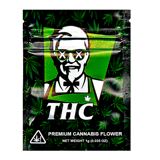 Mylar Bag Cannabis packaging with a stylized face and 'THC' branding on a green leafy background.