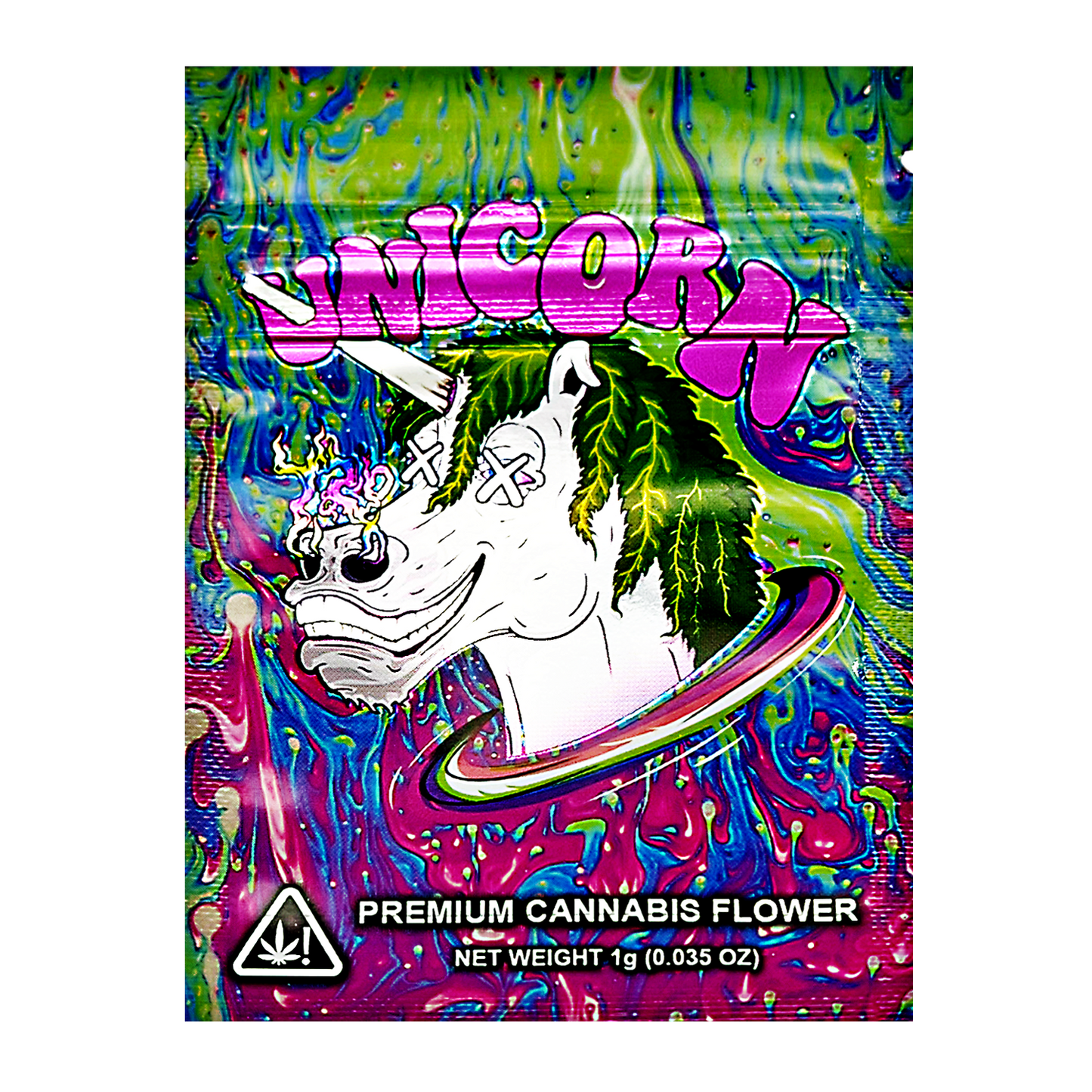 Mylar Bag Colorful packaging of 'Unicorn' premium cannabis flower with a unicorn illustration.