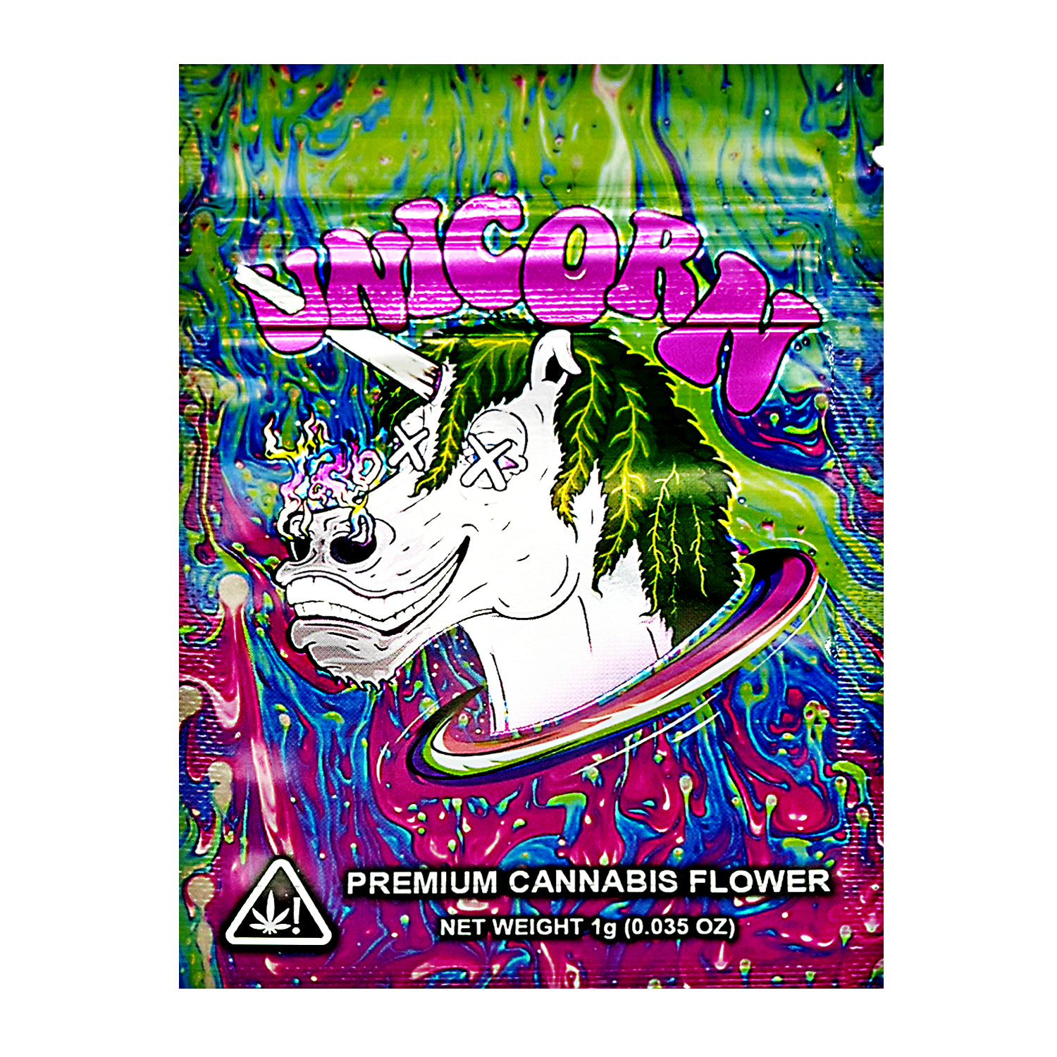 Mylar Bag Colorful packaging of 'Unicorn' premium cannabis flower with a unicorn illustration.