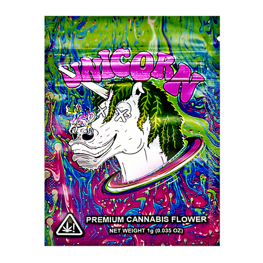 Mylar Bag Colorful packaging of 'Unicorn' premium cannabis flower with a unicorn illustration.