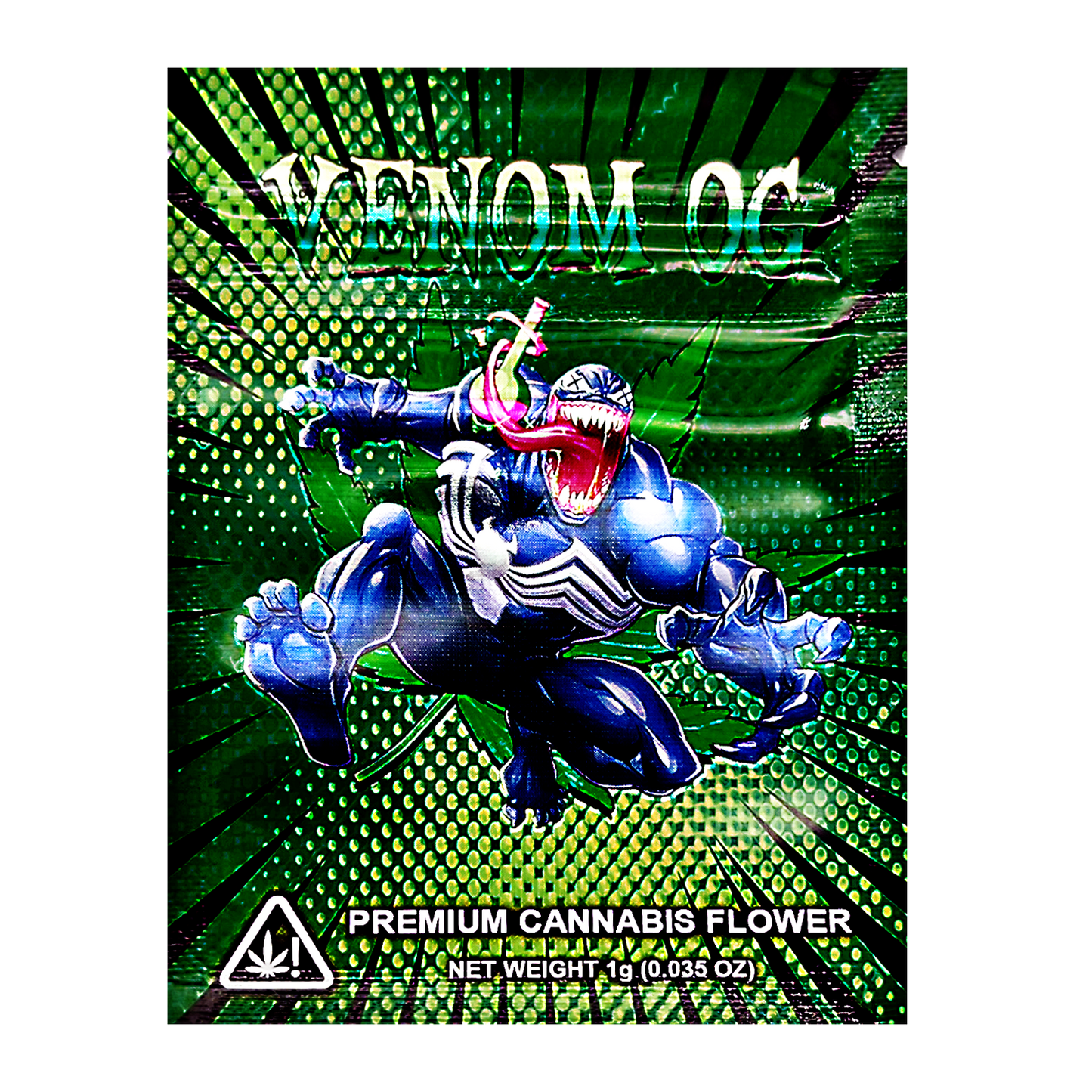 Mylar Bag Cannabis packaging with superhero design on a green and black background