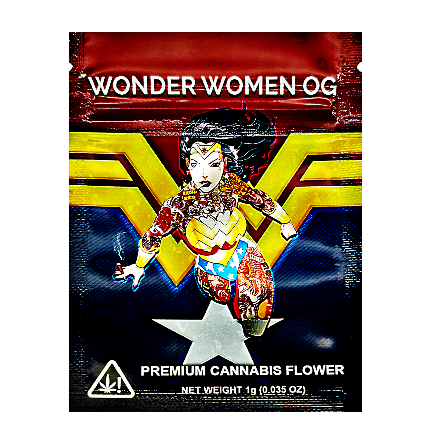 Mylar Bag Cannabis packaging with Wonder Woman design on a white background