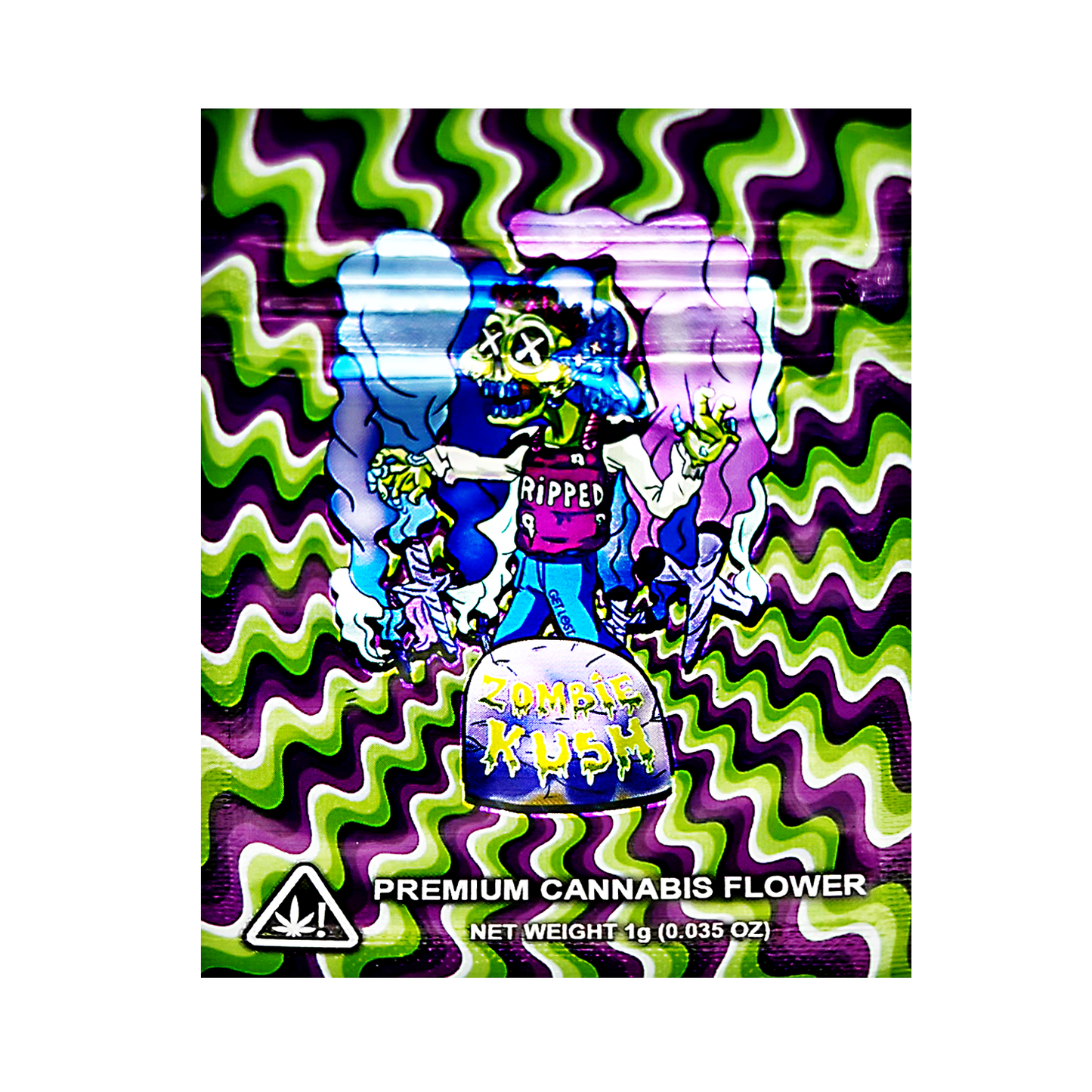 Mylar Bag Zombie Kush cannabis flower packaging with colorful design and skeleton character.