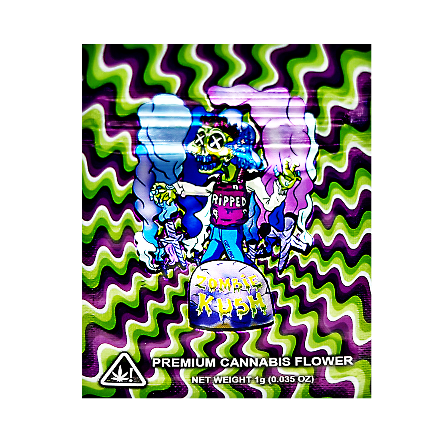 Mylar Bag Zombie Kush cannabis flower packaging with colorful design and skeleton character.