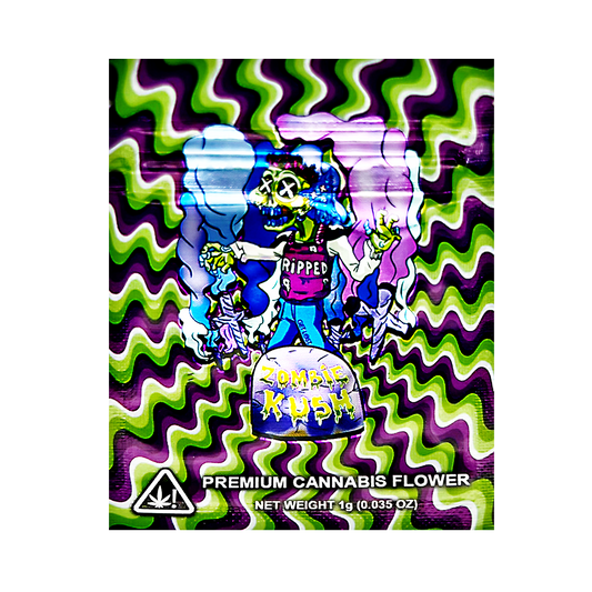 Mylar Bag Zombie Kush cannabis flower packaging with colorful design and skeleton character.