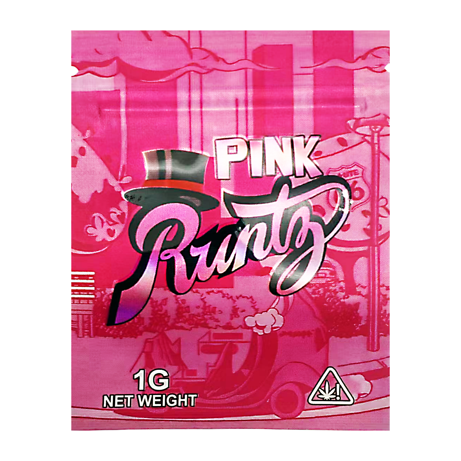 Mylar Bag Pink packaging of Pink Runtz with a cannabis leaf symbol on a white background