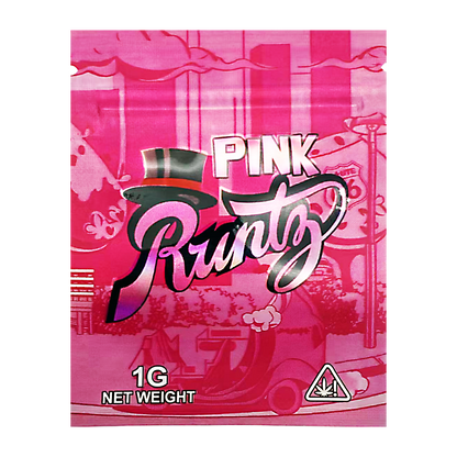 Mylar Bag Pink packaging of Pink Runtz with a cannabis leaf symbol on a white background
