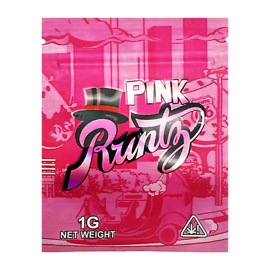 Mylar Bag Pink packaging of Pink Runtz with a cannabis leaf symbol on a white background