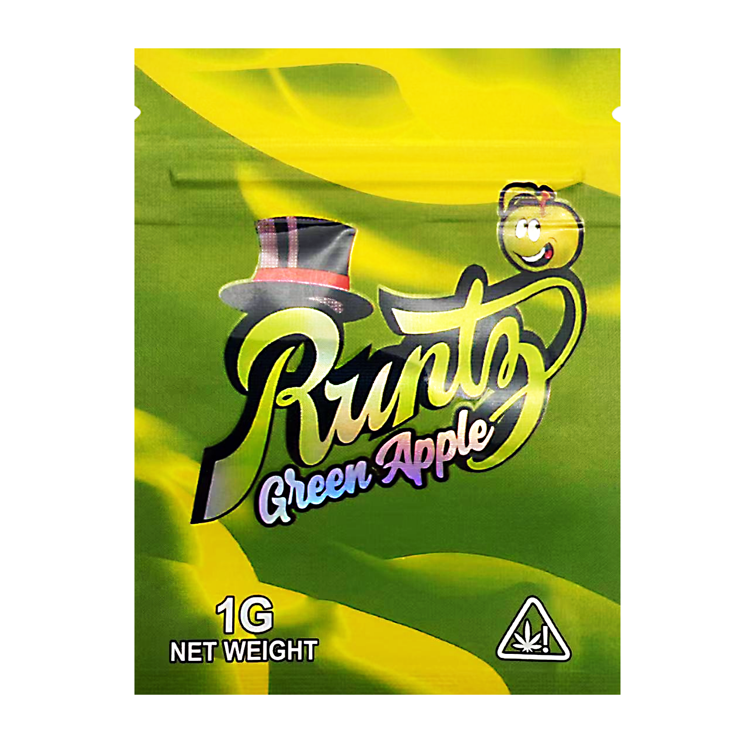 Mylar Bag Green and yellow packaging of Runtz Green Apple with branding and weight information.