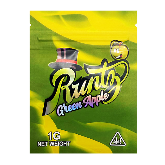 Mylar Bag Green and yellow packaging of Runtz Green Apple with branding and weight information.