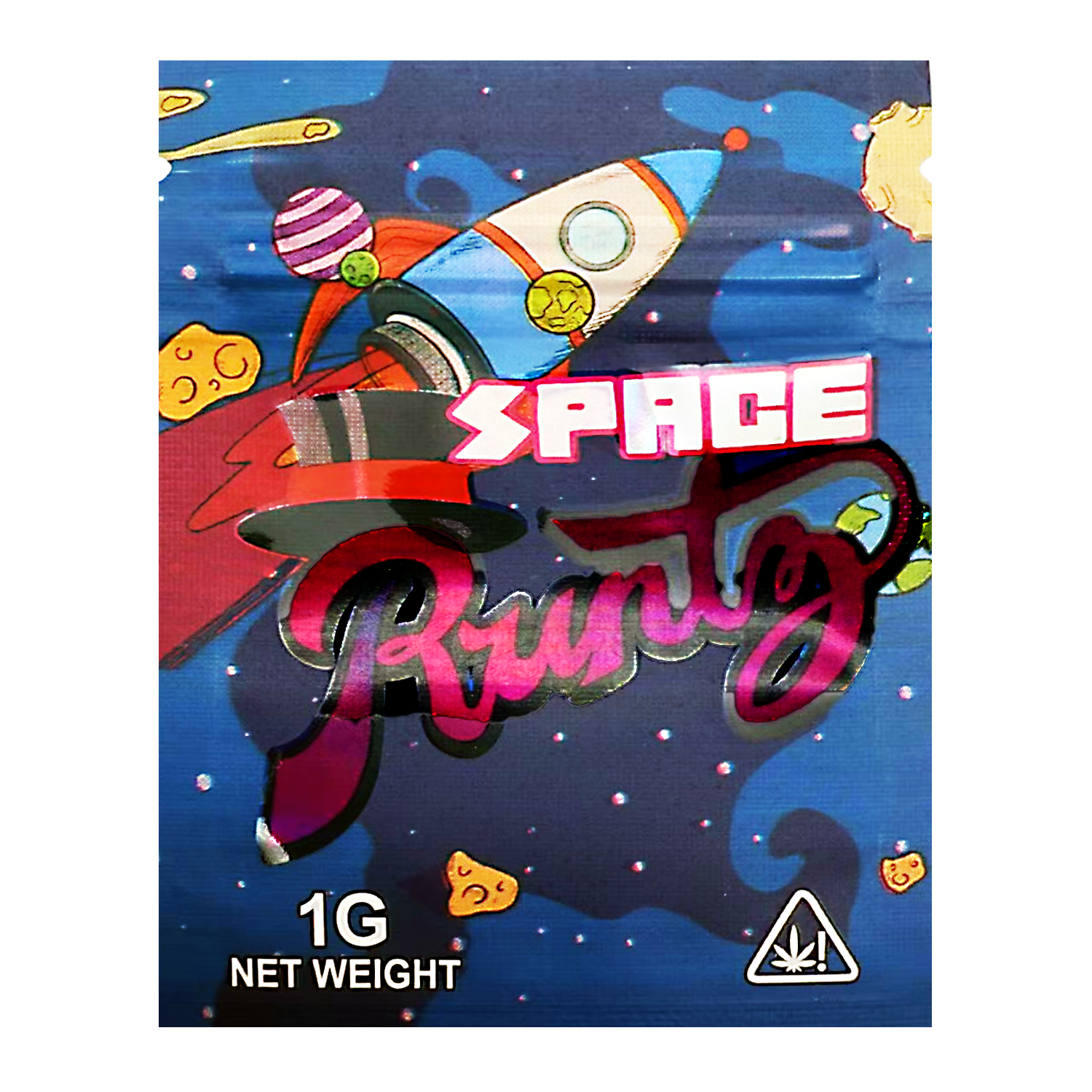 Mylar Bag Colorful packaging with space-themed design and 'Space Runtz' branding.