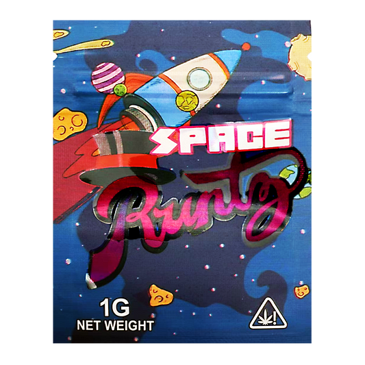Mylar Bag Colorful packaging with space-themed design and 'Space Runtz' branding.