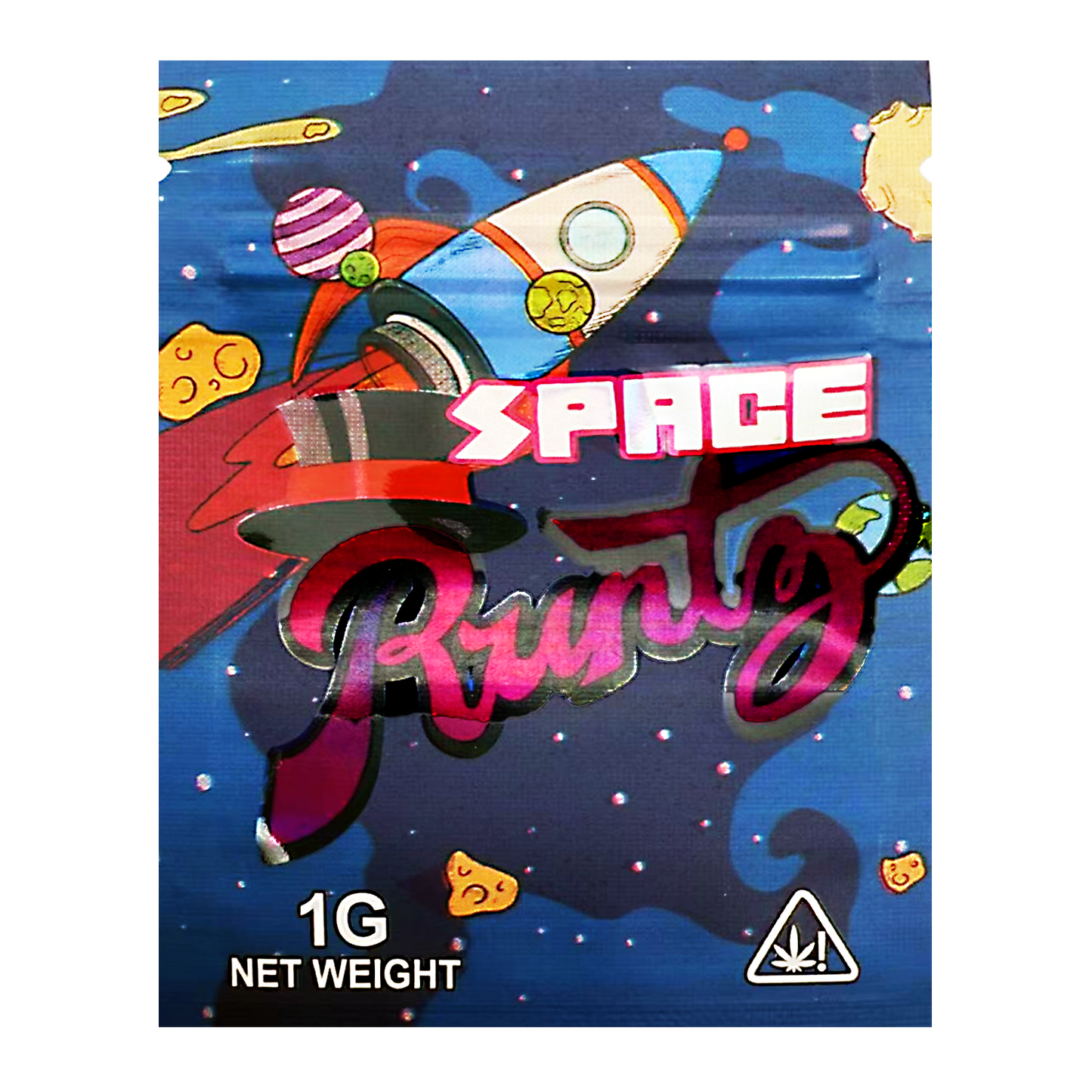 Mylar Bag Colorful packaging with space-themed design and 'Space Runtz' branding.