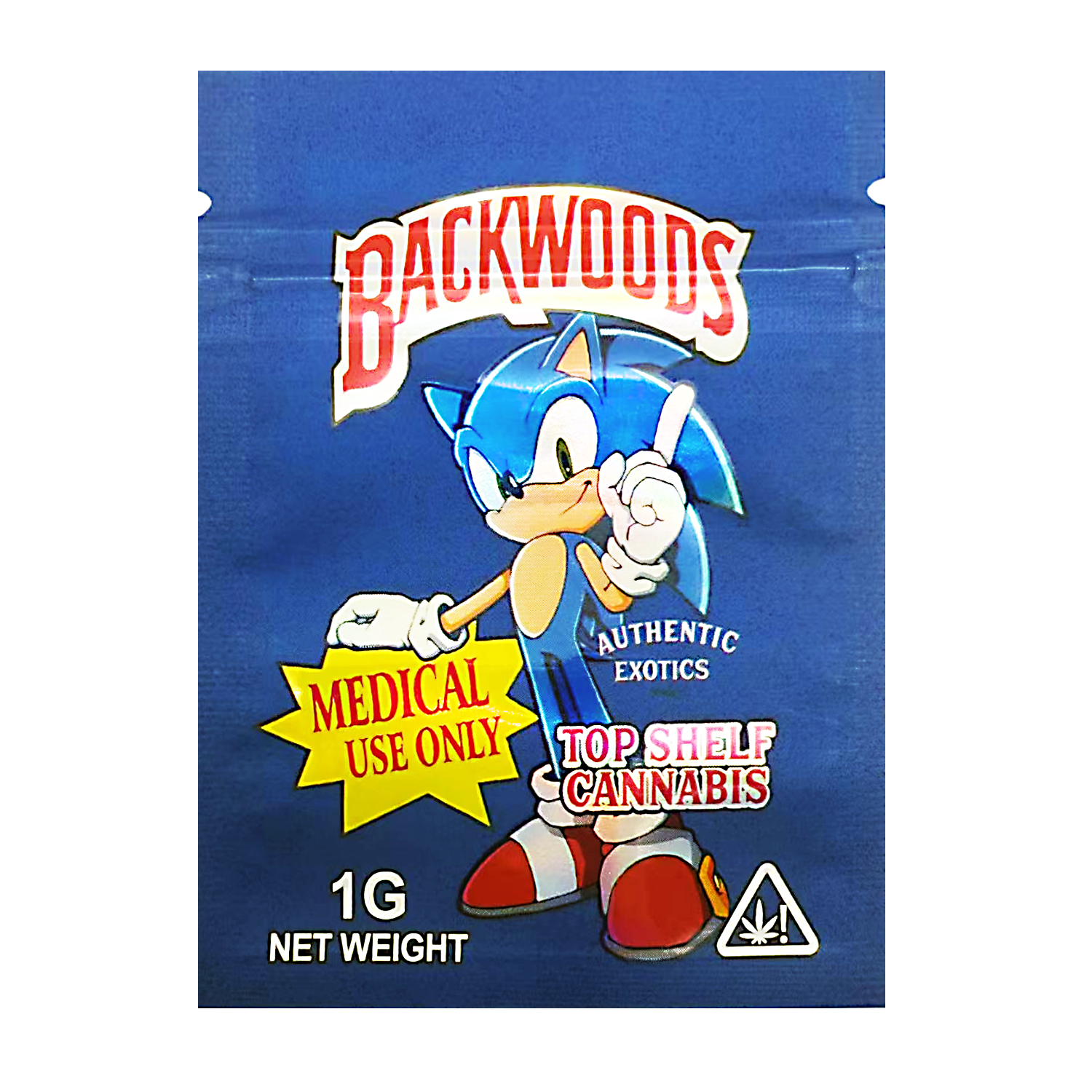 Mylar Bag Backwoods cannabis packaging with a cartoon character on a blue background