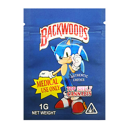 Mylar Bag Backwoods cannabis packaging with a cartoon character on a blue background