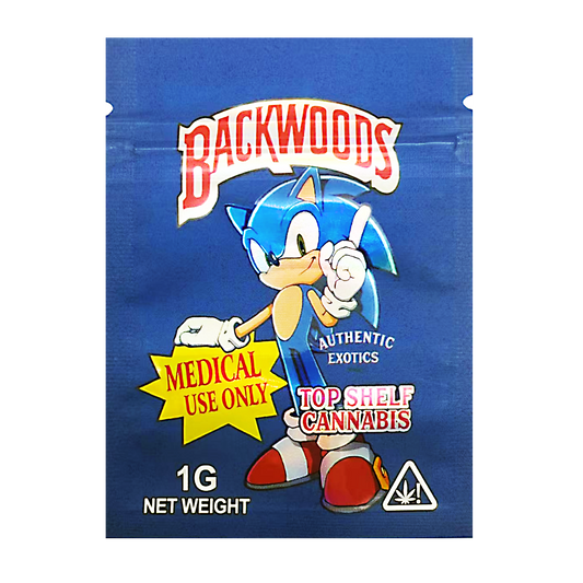 Mylar Bag Backwoods cannabis packaging with a cartoon character on a blue background
