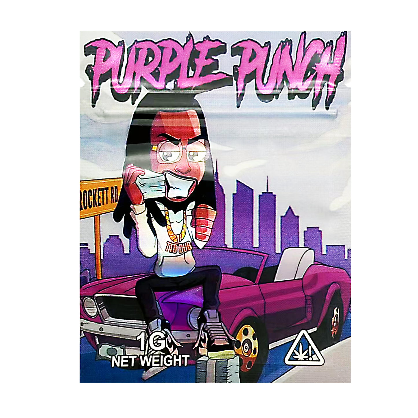 Mylar Bag Packaging for 'Purple Punch' with a cartoon character and cityscape background.