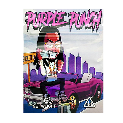 Mylar Bag Packaging for 'Purple Punch' with a cartoon character and cityscape background.