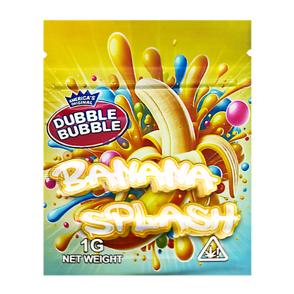 Mylar Bag Dubble Bubble Banana Splash bubble gum package with colorful design and brand logo.