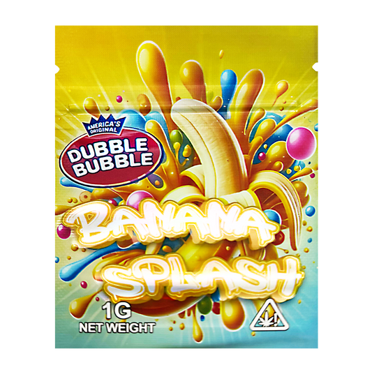 Mylar Bag Dubble Bubble Banana Splash bubble gum package with colorful design and brand logo.