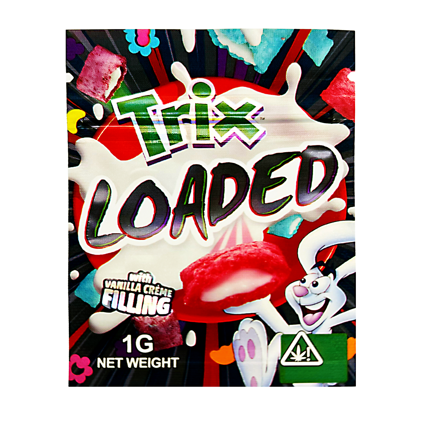 Mylar Bag Colorful packaging of a product labeled 'Trix Loaded' with cartoon characters and a cannabis warning triangle.