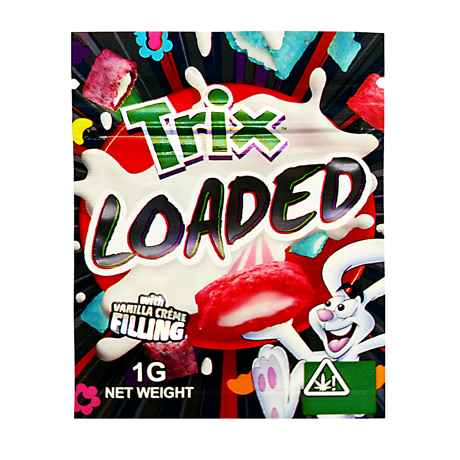 Mylar Bag Colorful packaging of a product labeled 'Trix Loaded' with cartoon characters and a cannabis warning triangle.