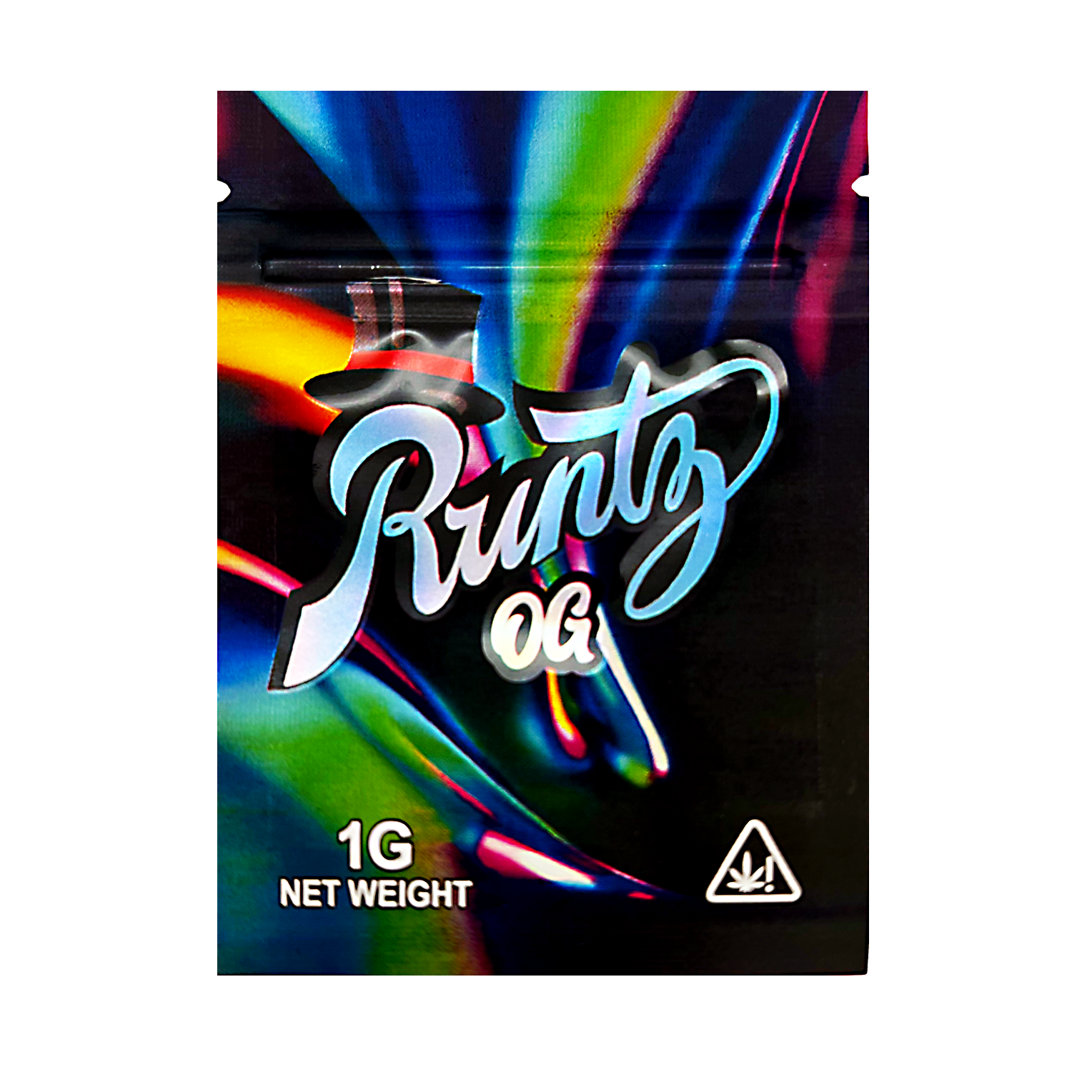 Mylar Bag Runtz OG packaging with colorful design on a black background