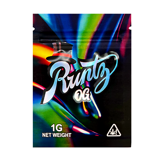 Mylar Bag Runtz OG packaging with colorful design on a black background