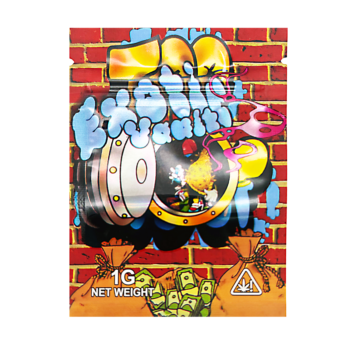 Mylar Bag Colorful packaging with text and graphics on a brick wall background